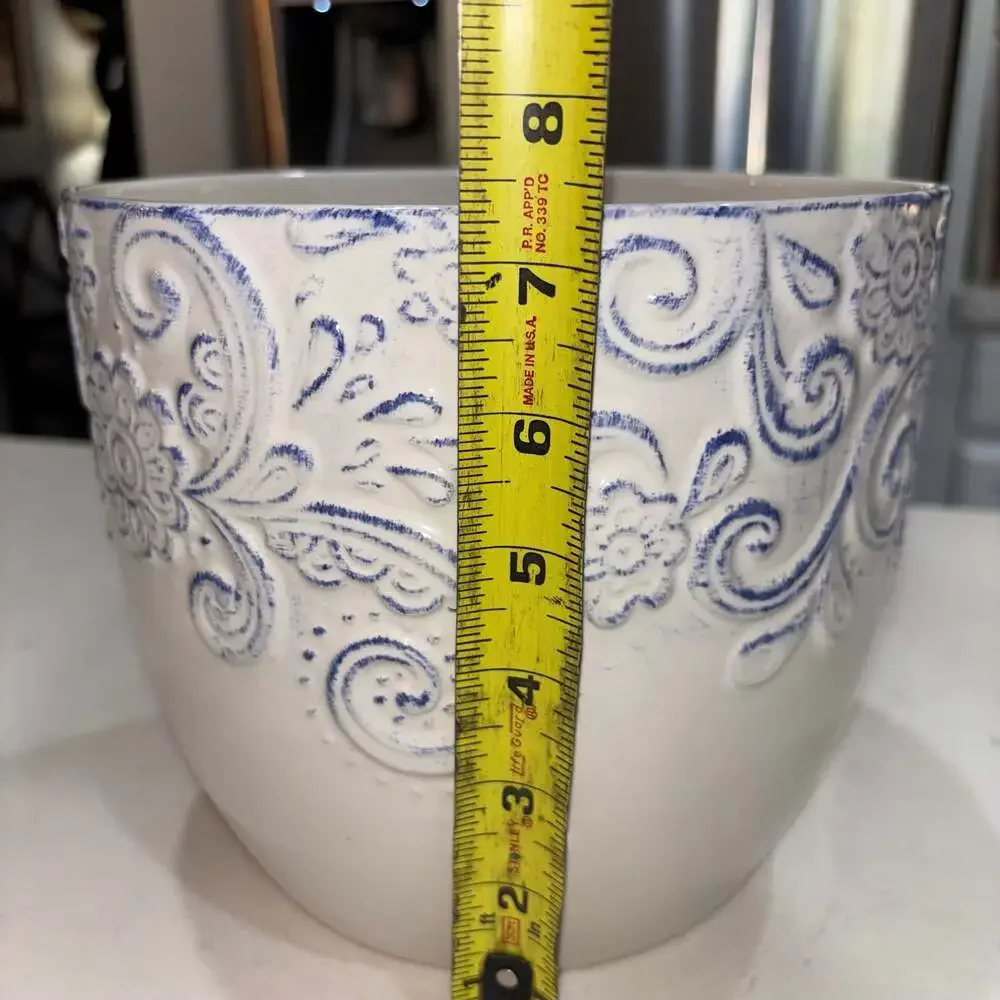 Nocal LDA Ceramic Planter Pot White and Blue Floral Embossed Scroll Portugal